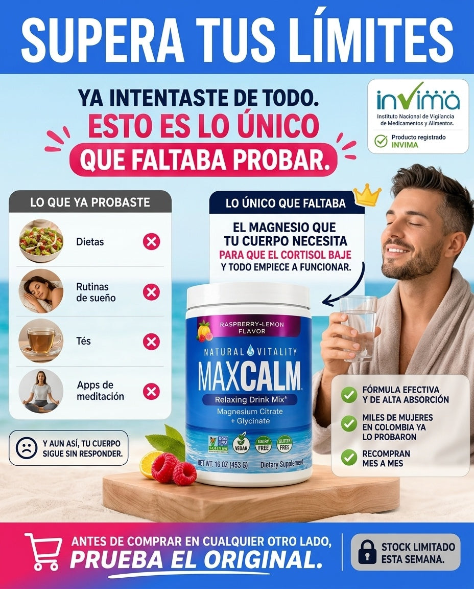 Max Calm: Bebida Antiestrés (Citrato de Magnesio Iónico + Glicinato) Sabor a frambuesa y limón