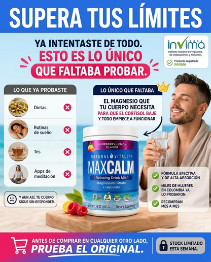 Max Calm: Bebida Antiestrés (Citrato de Magnesio Iónico + Glicinato) Sabor a frambuesa y limón